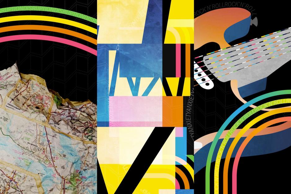 Abstract Collage with random lines, illustrated guitar, crumpled map