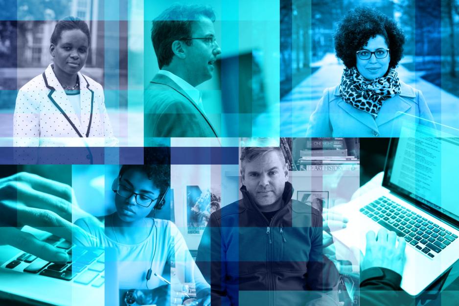 Collage of people standing, talking, working on laptops