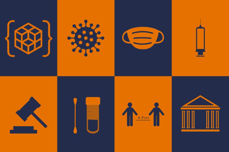 8 rectangles with icons top row: Cube with curly braces icon, virus icon, mask icon, syringe icon bottom row: gavel icon, qtip and test tube icon, two people social distancing icon, and building icon