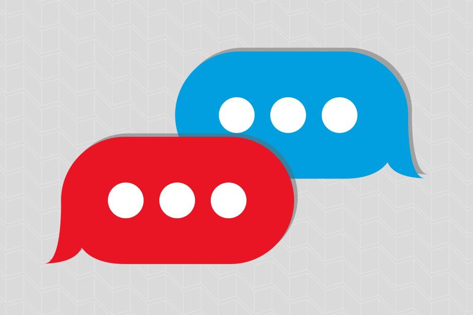 Red and blue messaging bubble with three white dots in each one