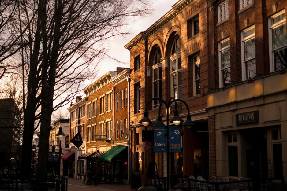 Row of businesses on the downtown mall
