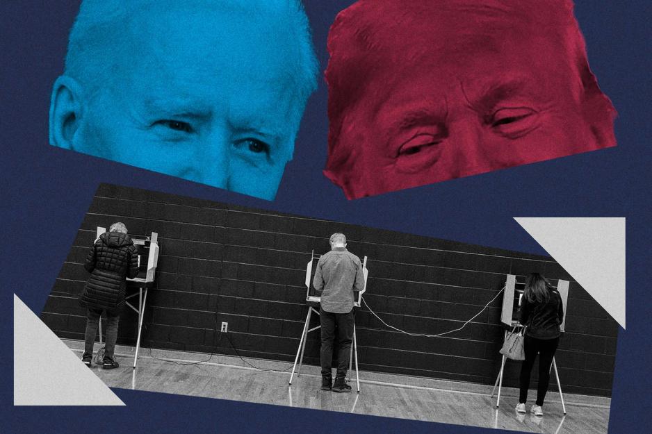 top left: Biden face in Red Top right: Trump face in red Bottom: students at polling stations