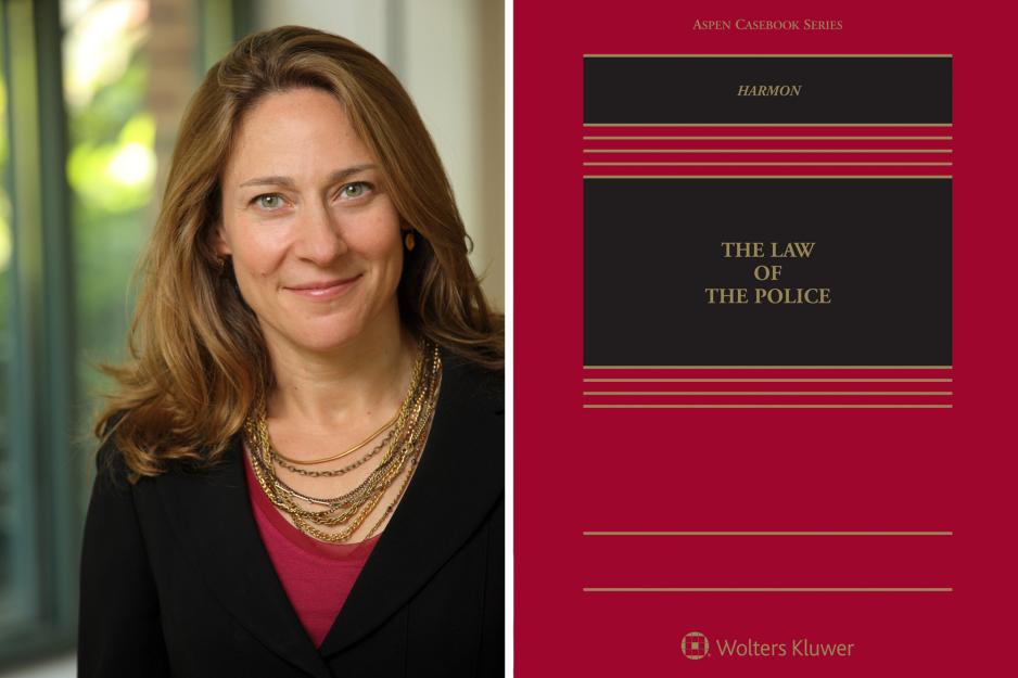 Rachel Harmon headshot left and book that says the law of the police on the right