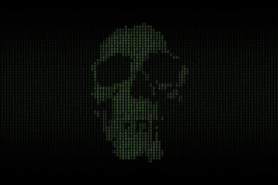 Illustration of a skull made with 1s and 0s