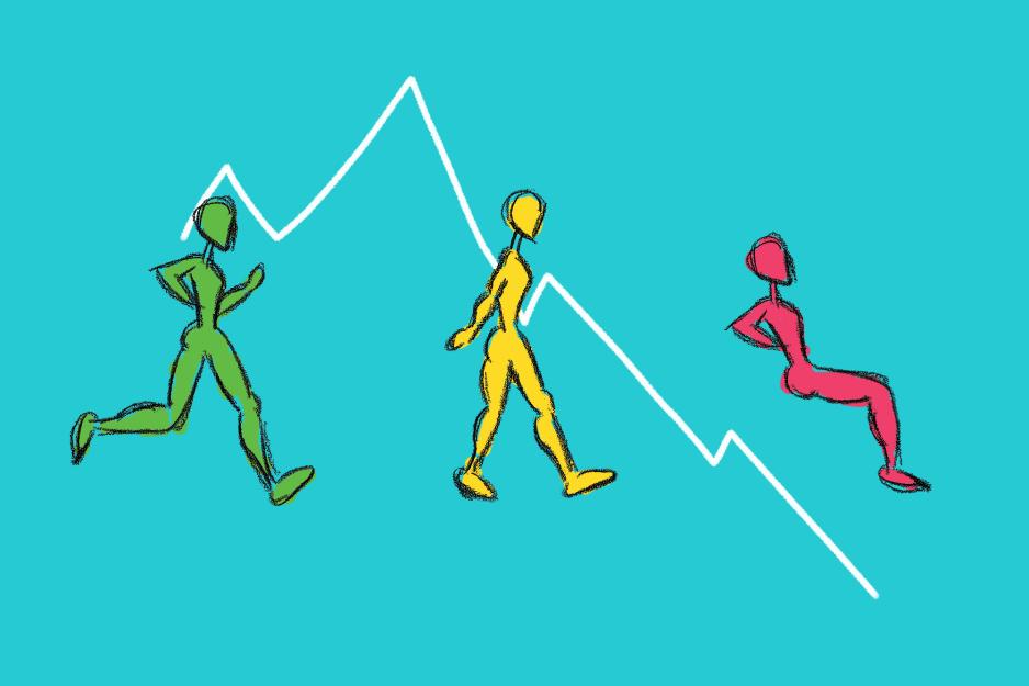 Illustration: green person running, yellow person walking, and pink person sitting.
