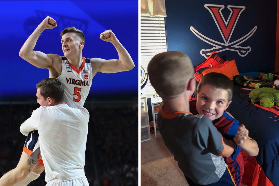 Left: Guy being held up by his team mate after championship win.  Right: two children recreating the picture on the left