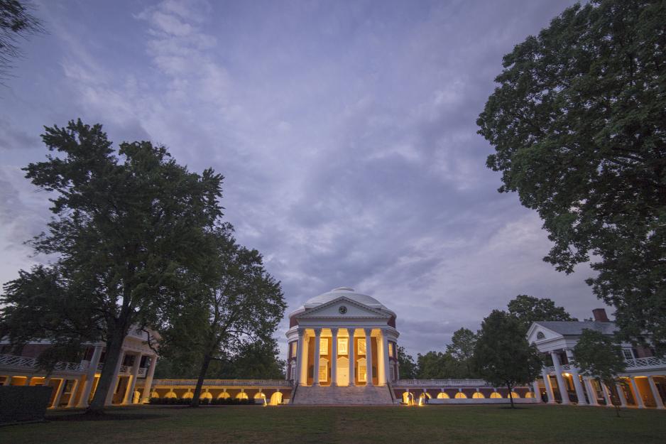 Rotunda lit up by lights at dusk