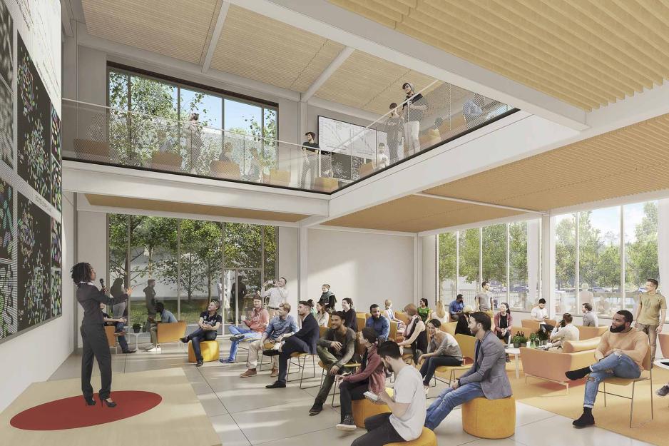 Digital drawing of the Capital One Hub of a speaker talking to an audience in the new school of data science building