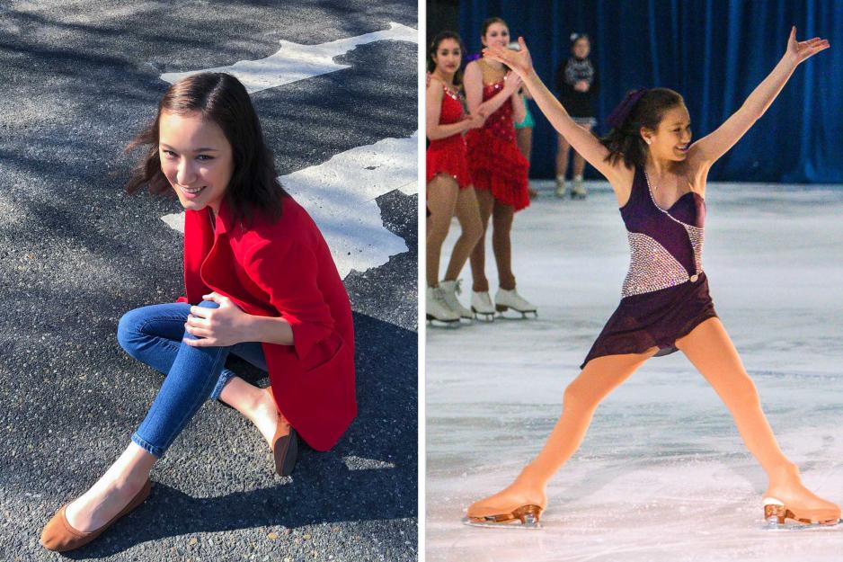 left: Aspen Ono sitting on asphalt,  Right: Aspen Ono figure skating