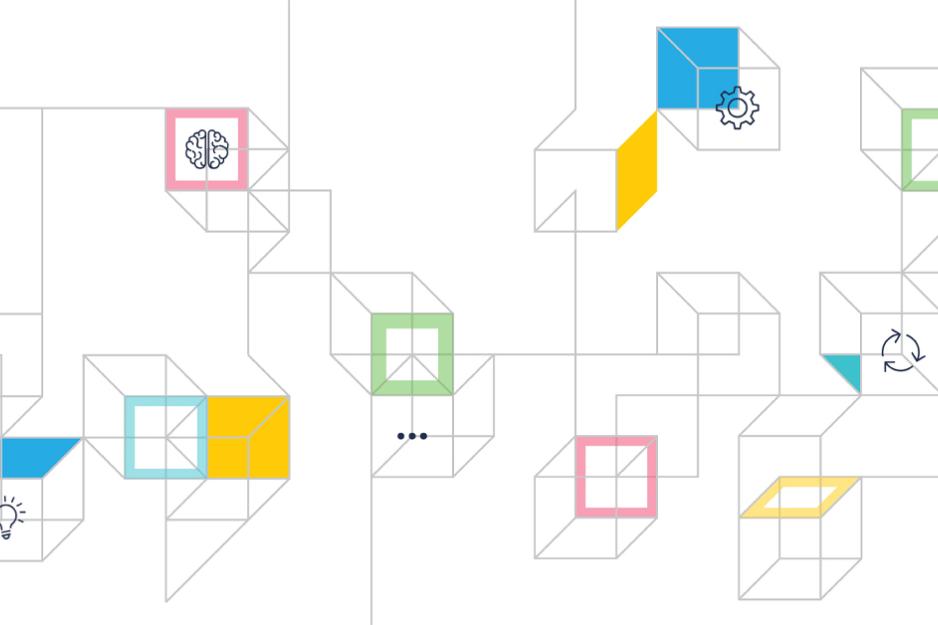 Square colorful boxes with icons in some boxes such as, lightbulb, brain, ellipsis, gears, and refresh arrows