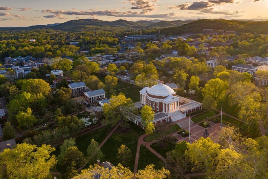 Arial view of the Rotunda surrounded by green trees