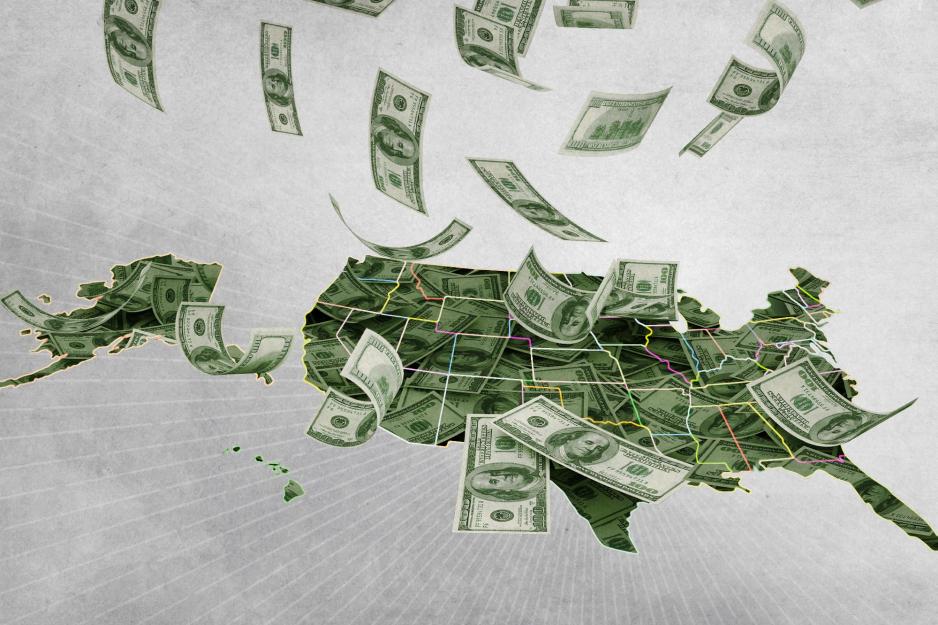 Money falling from the sky onto the United states that is covered in money