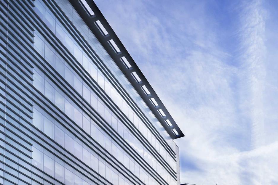 Side of a tall glass building