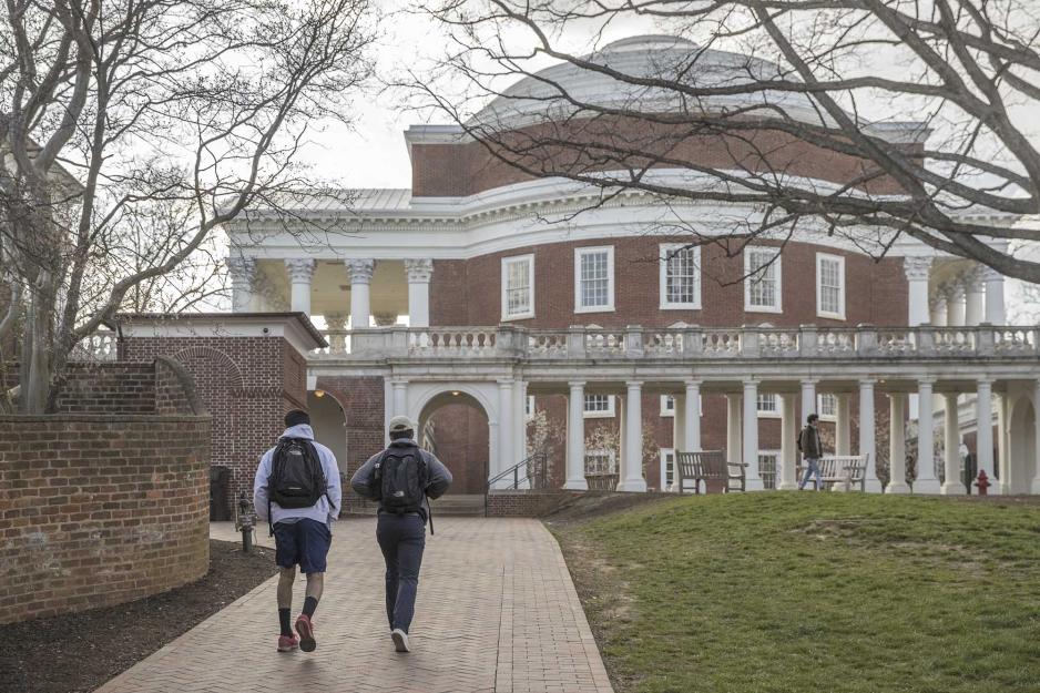 side view of the Rotunda with students using the sidewalks