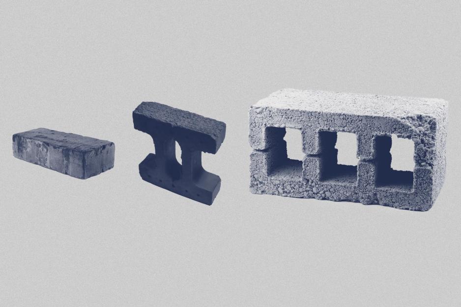 Brick, roman numeral 2 in stone, and a cinder block on its side