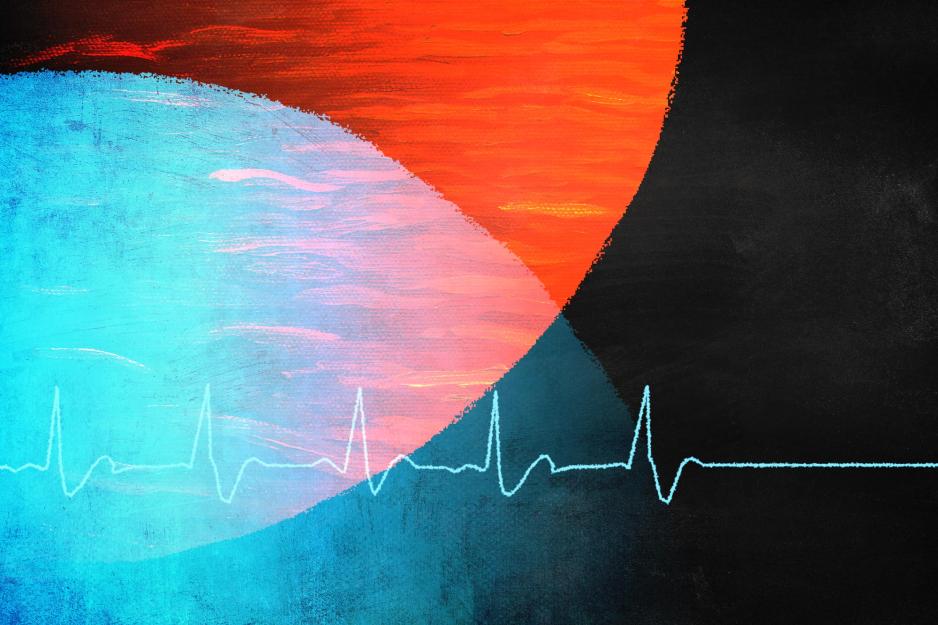 Illustration of a big red circle over lapped  by a blue circle.  Out of the blue circle comes an EKG reading