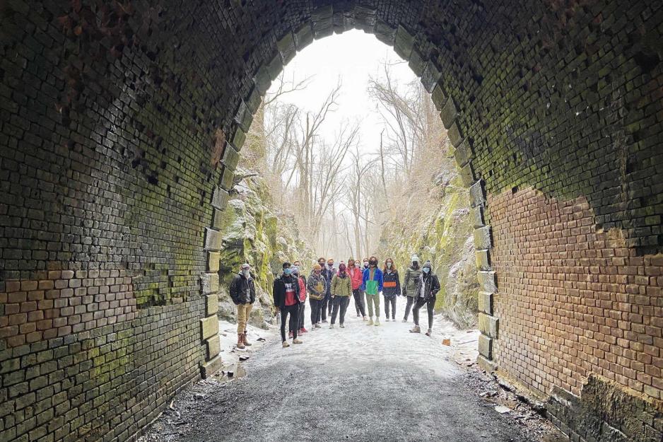 Class members pose at one of the openings of the Blue Ridge Tunnel