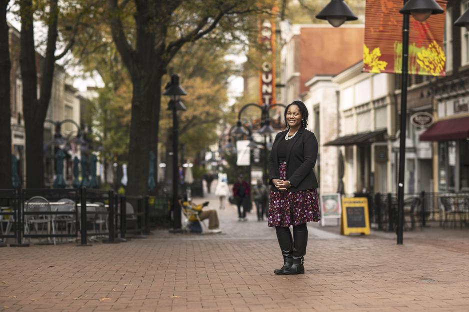 Tamara Dias standing on the brick walking path on the Downtown Mall