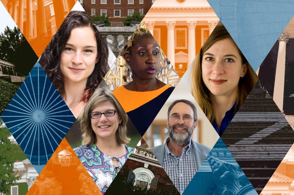collage of headshots and buildings on grounds