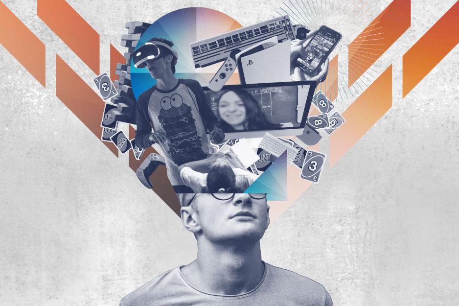 Collage of a person looking up and seeing various images