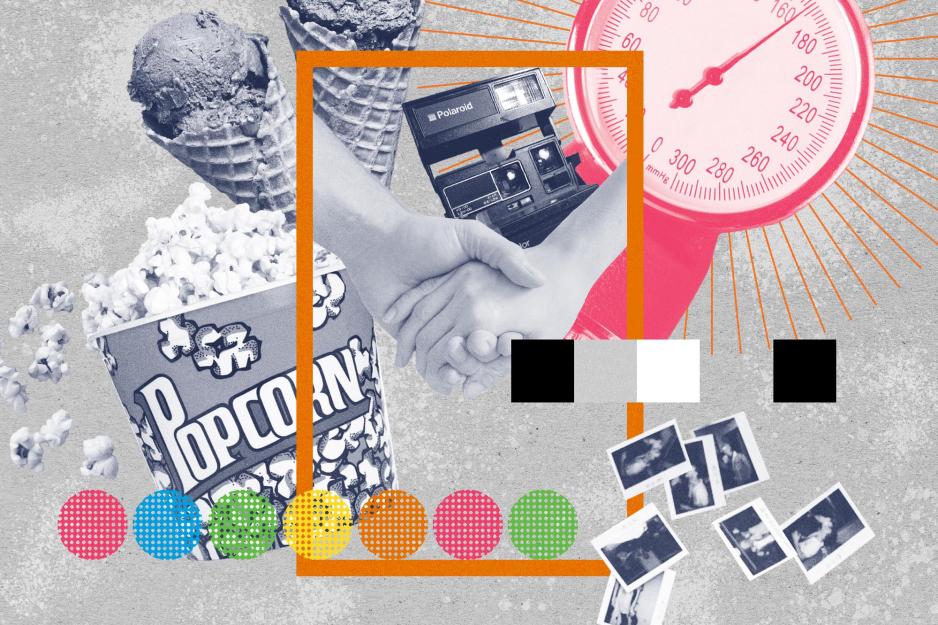collage of illustrations, ice cream cones, popcorn, polaroid camera, polaroid images and a scale