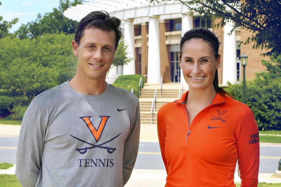 Tennis headchoaches Andres Pedroso, left, and Sara O’Leary, right, stand together for a picture