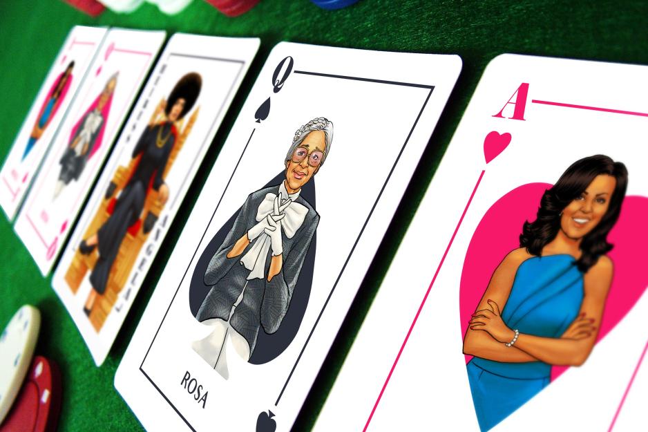 Playing cards with various important women on them