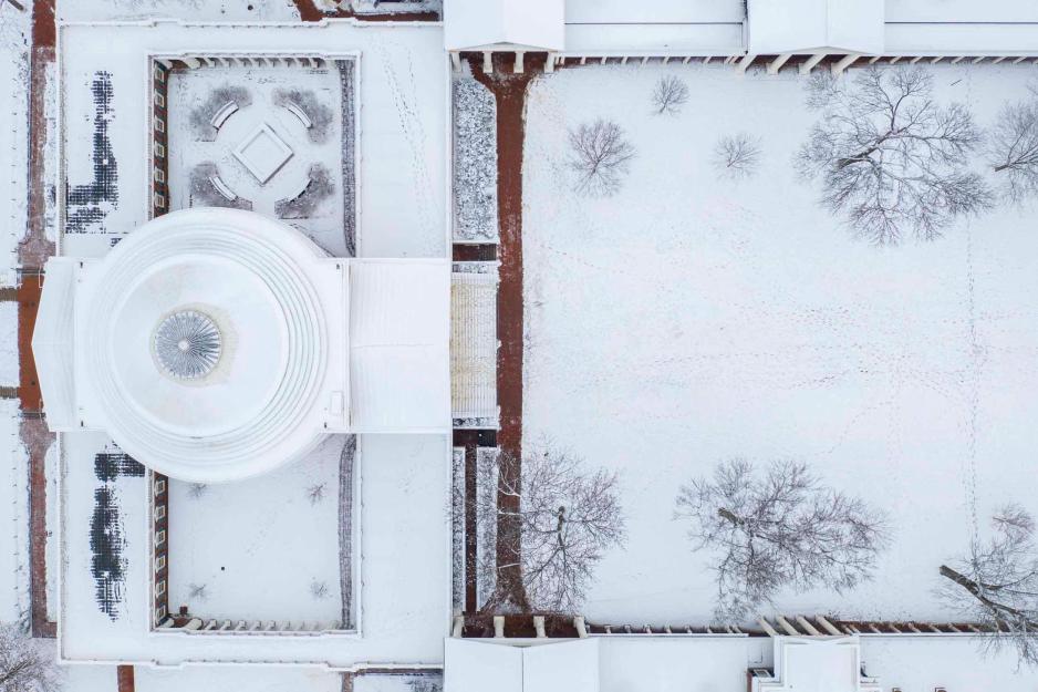 Arial view of the top of the Rotunda in the snow