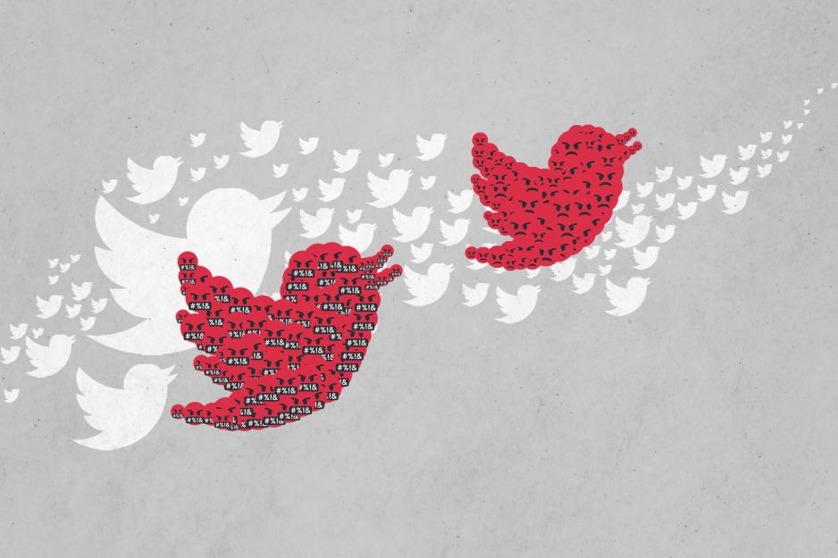 White twitter Icons in various sizes with two big twitter icons made up of red angry emojis 