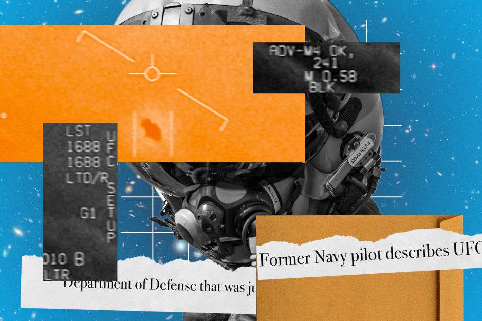 Collage of images from a cockpit of an airplane over top of a fighter pilot helmet