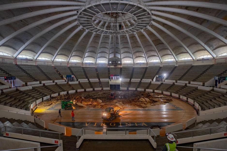 Uhall's dome hardwood flooring being removed
