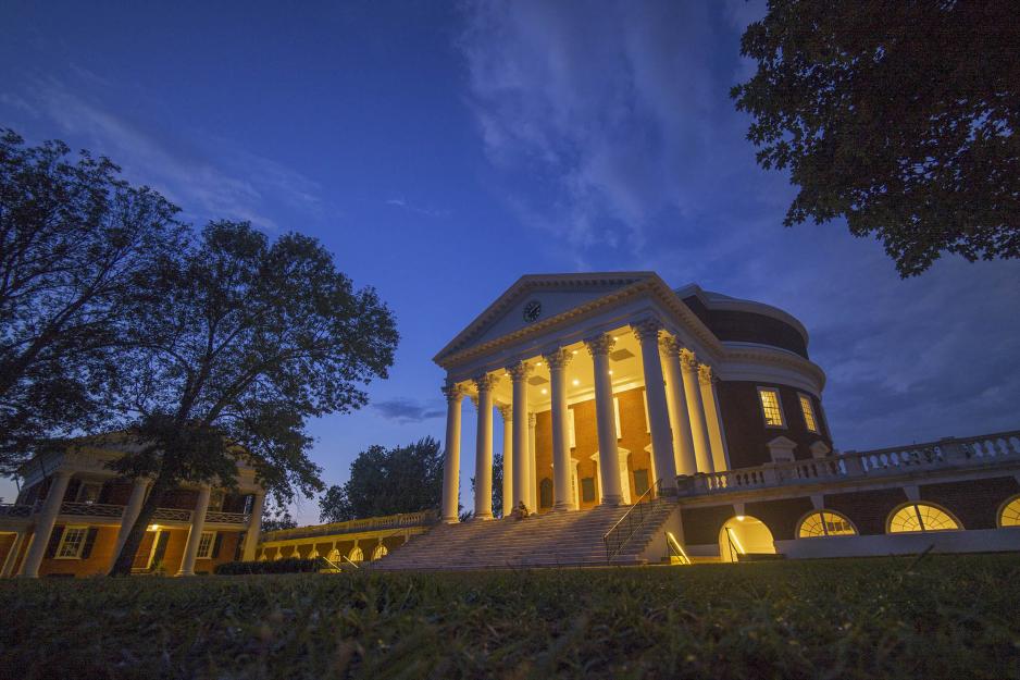 Rotunda lit up by lights at dusk