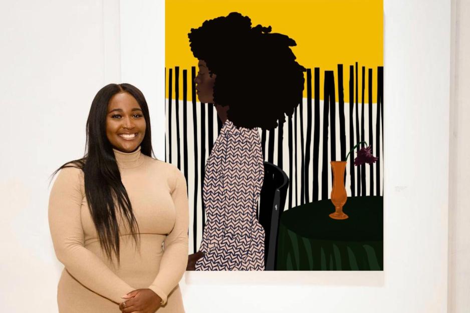 Uzo Njoku standing next to a painting of an African American woman sitting in a chair