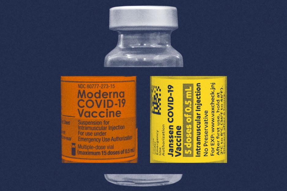 Vaccine Vial with two labels.  Left: Moderna Covid-19 label Right: Janssen Covid-9 Vaccine