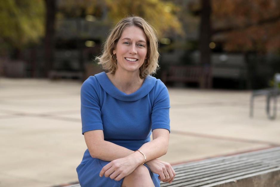 Virginia LeBaron sitting on a bench
