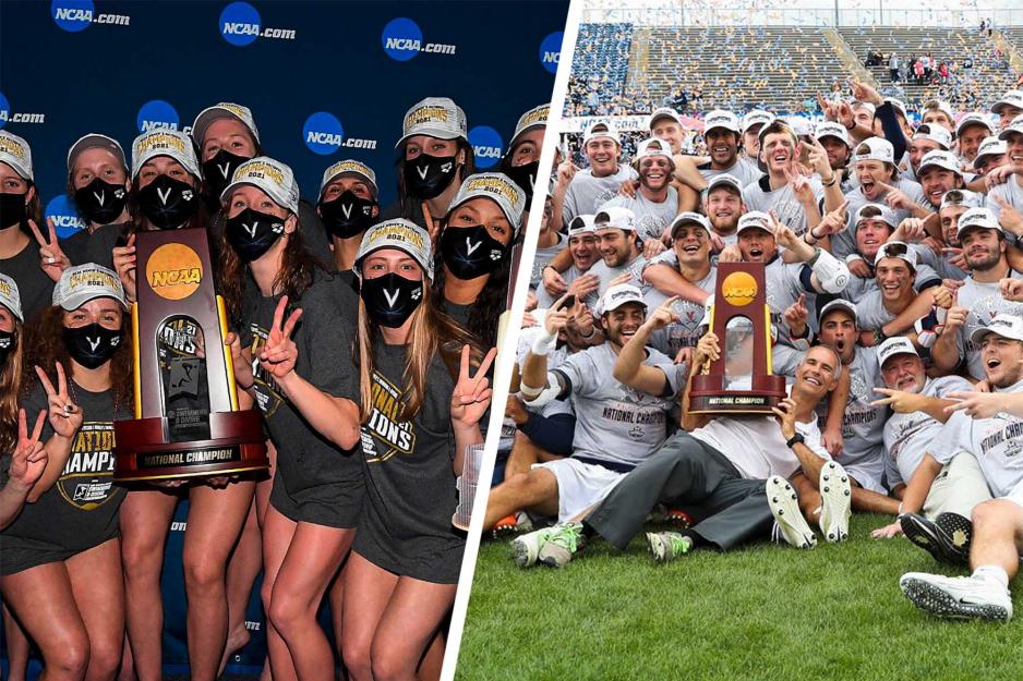 left: swimming and diving team holding ncaa championship trophy, right: Mens lacrosse team holding their NCAA championship trophy