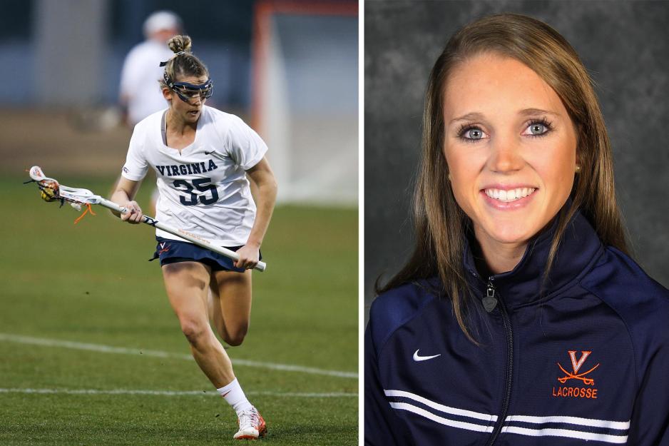 Lauren Martin, left, playing lacrosse during a game.  Right: Yeardley Love headshot