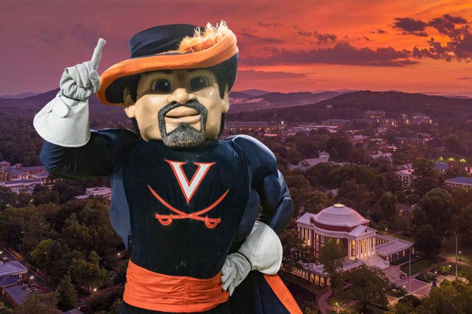 Arial view of the Rotunda at sunset in the background with Cav Man in the foreground pointing to the sky