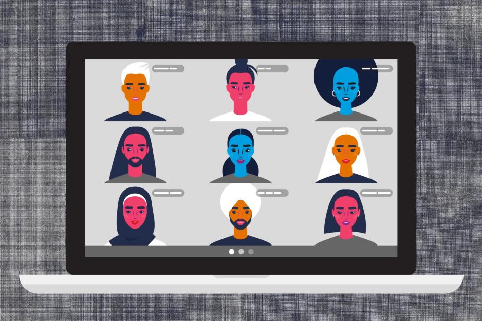 Illustration of a laptop and 9 peoples faces on zoom