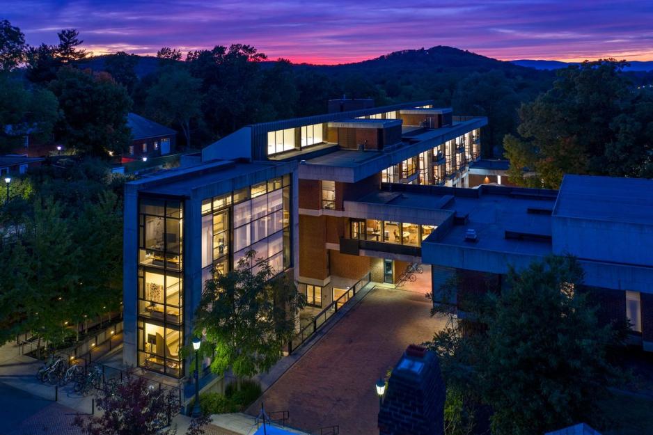 Campbell Hall Aglow with a purple and pink sunset