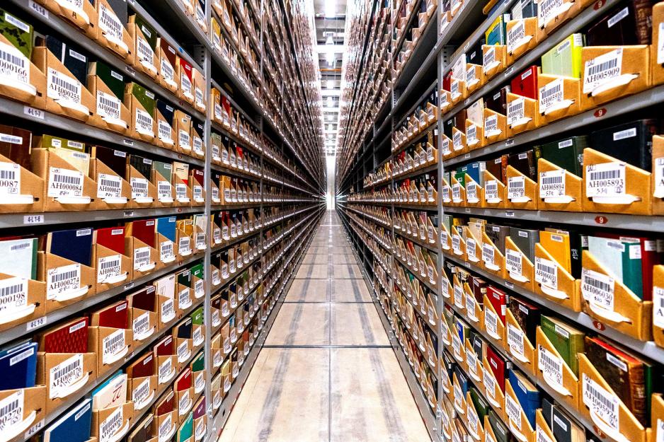 Row of books on shelves in the Ivy Stacks