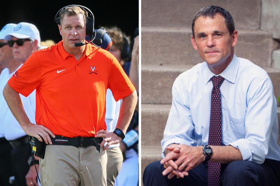 Bronco Mendenhall, left, with his hands on his hips wearing a headset during the game and Headshot President Jim Ryan, right