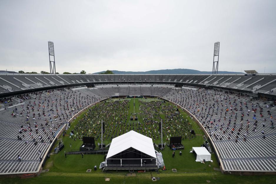 Arial view of final exercises in the stadium