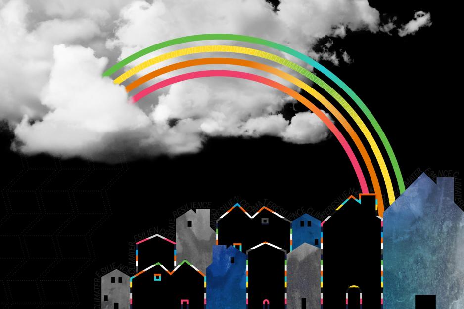 Illustration of a multi colored rainbow coming out of the clouds onto a cityscape