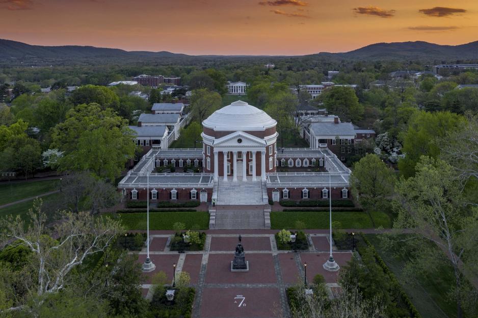 Arial view of the Rotunda during a orange and blue sunset