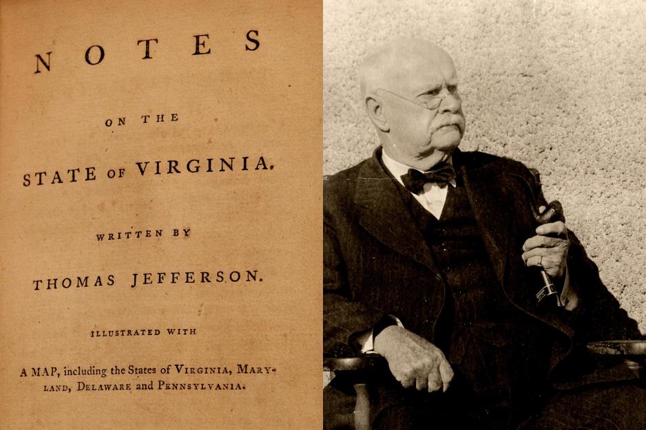 Left: Notes on the State of Virginia, Written by Thomas Jefferson. right: black and white image of a man sitting in a chair