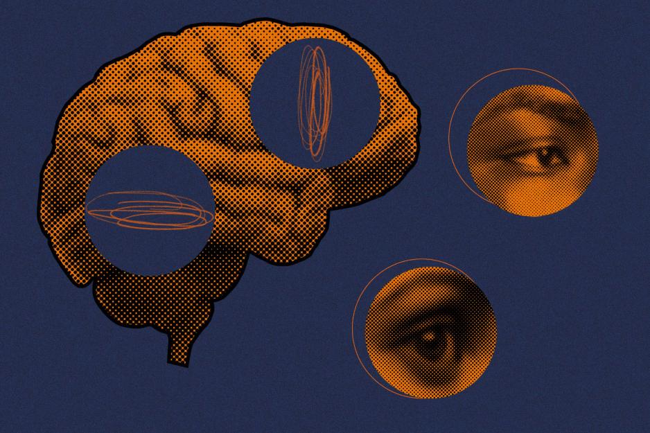 Illustration of a brain with two circles removed.  The two circles are pulled out and have an up close view of a persons eye
