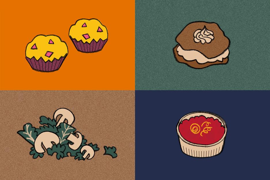 top left: two cupcakes, top right: icecream cookie, bottom left, mushroom and greens, bottom right: spaghetti