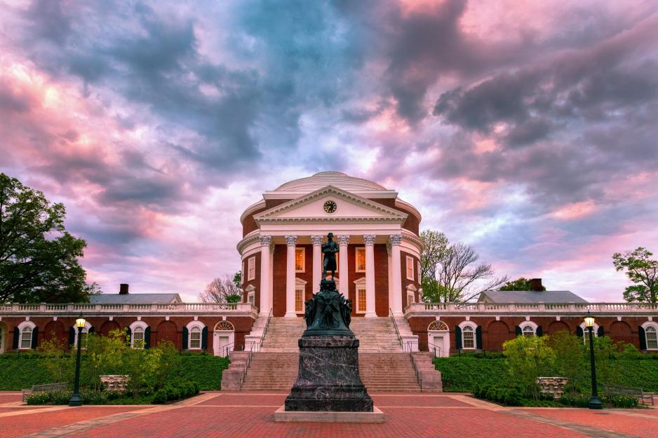 Purple, pink and Grey sky surround the Rotunda and Thomas Jeffersons statue