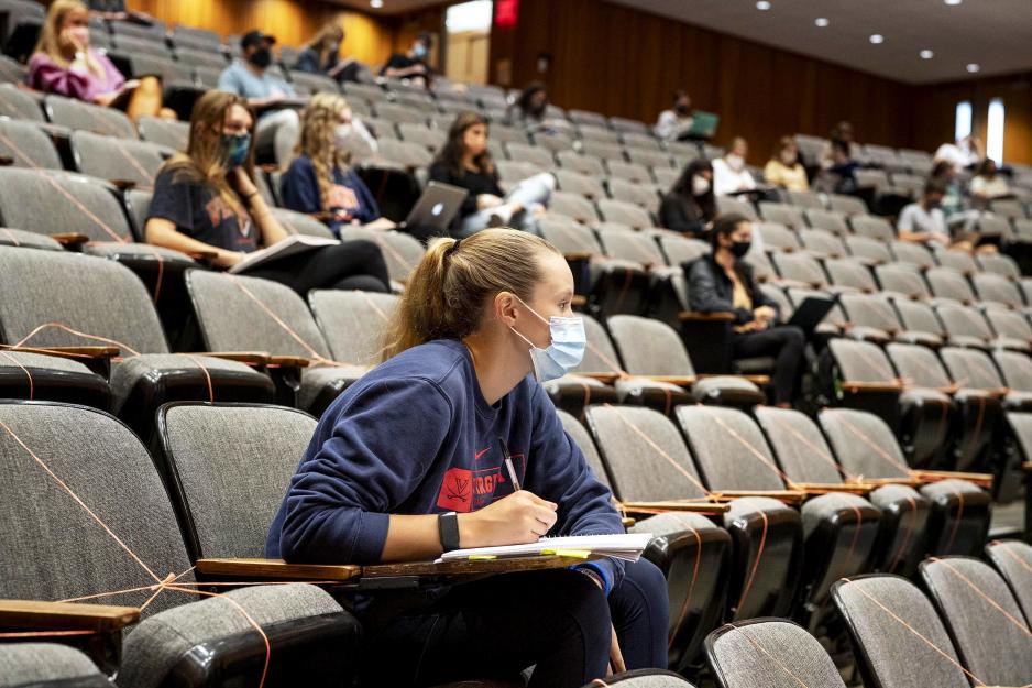Students socially distanced in a lecture hall